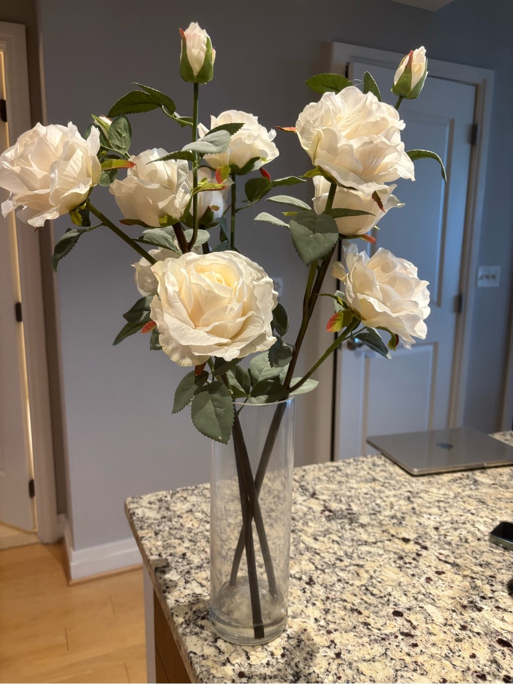3 Stem Artificial White Rose Bouquet in Glass Vase
